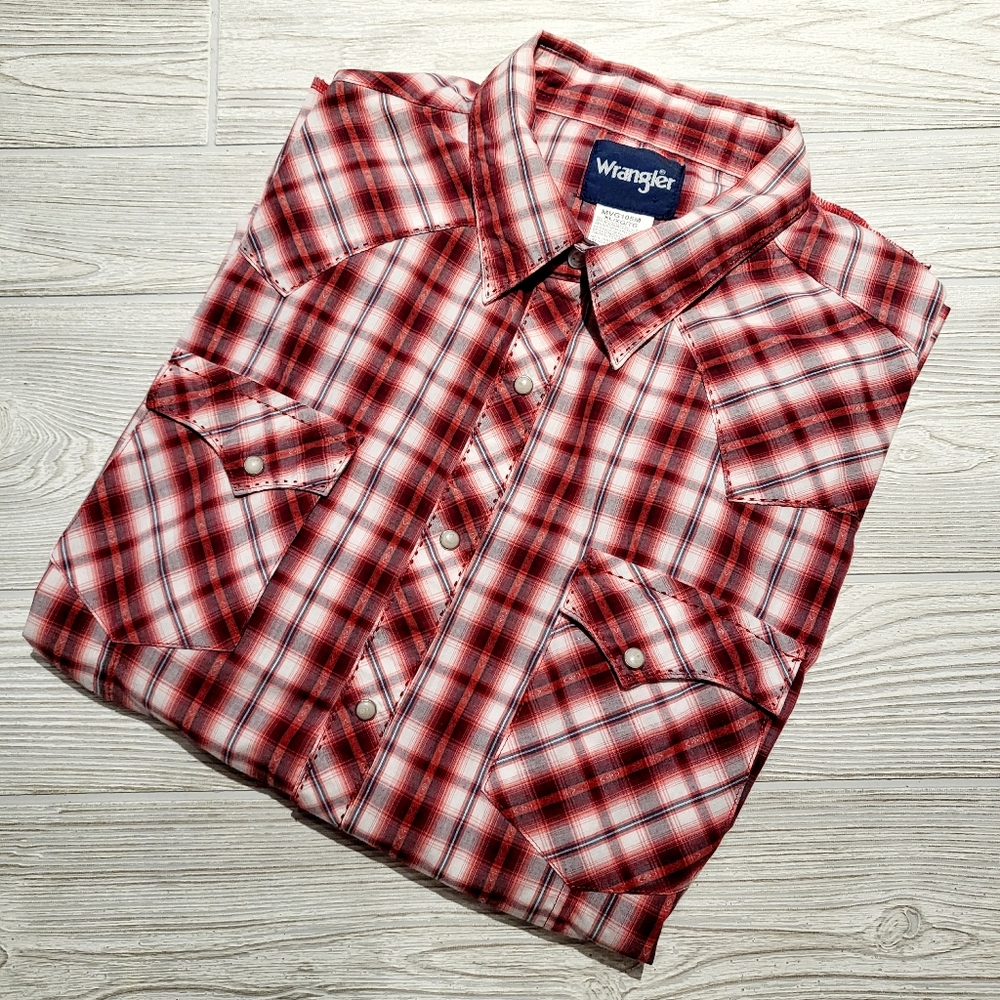 Wrangler Mens Western Pearl Snap Shirt Sz XL Red/W/B Plaid Cotton Blend MVG105M